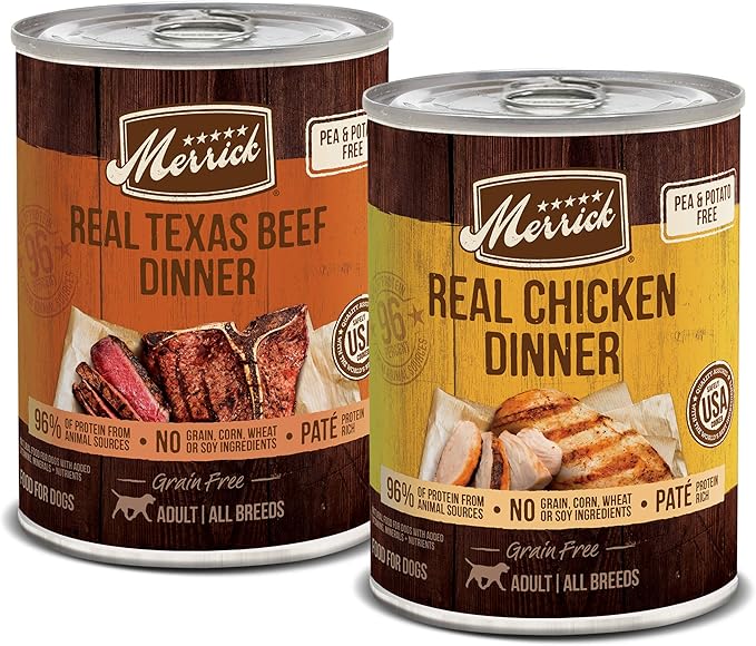 Merrick Grain Free Premium and Natural Canned Dog Food, Soft and Healthy, Real Beef and Chicken Variety Pack - (Pack of 12) 9.5 lb. Cans