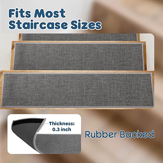 GOYLSER Peel and Sticker Stair Treads Non Slip for Wooden Steps Indoor, 15 Pack Rubber Backed Stair Pads Rug, Removable Staircase Mats Step Cover, Grey