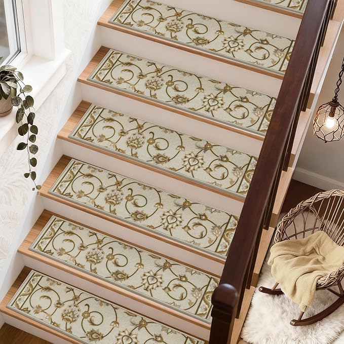 COSY HOMEER-Stair-Treads-for-Wooden-Steps Washable Indoor Stair Treads Non Slip 8" X 30" Soft Stair Carpet Treads Reusable Peel and Stick Stair Runner Rug for Kids, Elders and Pets 15pcs