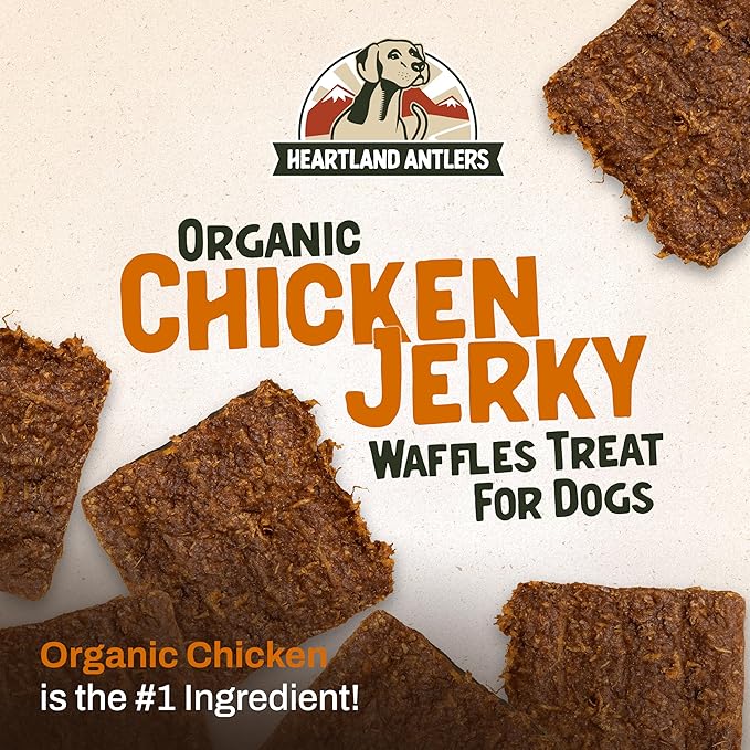 Heartland Antlers Organic Chicken Jerky Dog Treats – Soft Waffle-Style Chews for All Life Stages – Grain-Free, Low Fat, Made in USA, Upcycled Ingredients, 4oz
