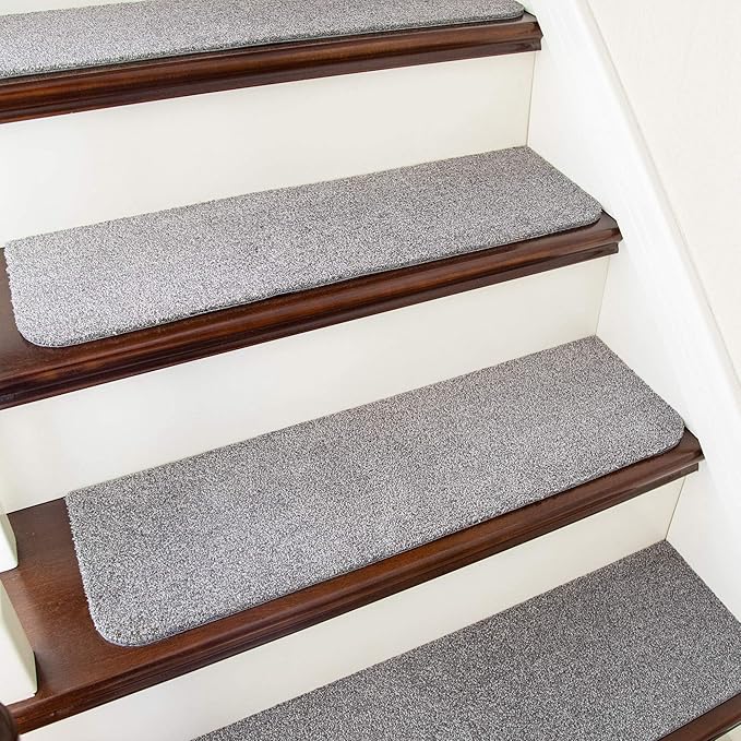 COSY HOMEER Stair Treads Non-Slip Carpet Mat 28inX9in Indoor Stair Runners for Wooden Steps, Stair Rugs for Kids and Dogs, 100% Polyester TPE Backing 4pcs,Grey,Protect Floor