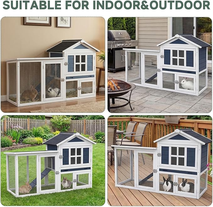 Large Outdoor Rabbit Hutch with Waterproof Asphalt Roof, 54.7” x 24.2” x 34” Wooden Bunny Cage for 2 Rabbits, Guinea Pigs & Chickens, Easy-Clean Pull-Out Tray & Anti-Rust Metal Door