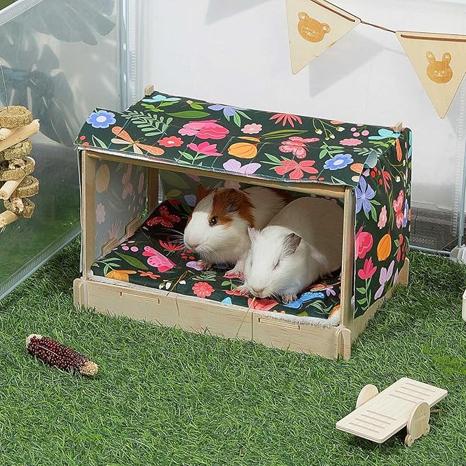 Glittme Guinea Pig Hideout, Wooden Guinea Pig Bed with Waterproof Mat, Durable Rabbit Bed with Door Curtain for Guinea Pig, Rabbit, Ferret, Squirrel, Bunny