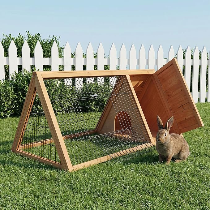 PawHut 46" x 24" Wooden A-Frame Outdoor Rabbit Hutch, Small Animal Cage, Bunny Hutch with Outside Run & Ventilating Wire, Yellow