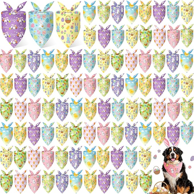 Shyyween 100 Pcs Easter Dog Bandanas Bulk for Dogs with Bunny Rabbit Egg Carrot Pattern Soft Bibs Adjustable Triangle Pet Scarf Bowtie for Small Medium Large Costume Grooming 31.5 x 21.7 x 21.7 Inch