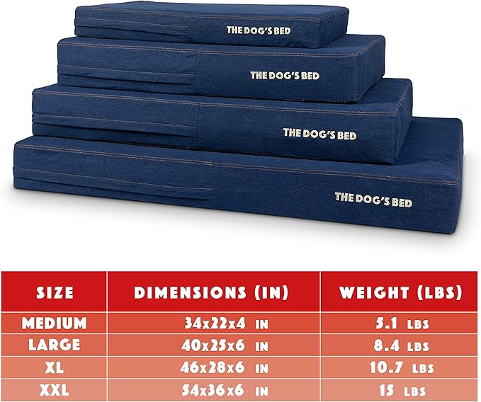 The Dog’s Bed Orthopedic Memory Foam Dog Bed for Large Dogs, Waterproof Washable Cover, Anti-Slip Base, Calming Surface – CertiPUR-Certified Foam, Real Blue Denim, 6 Inch Thick