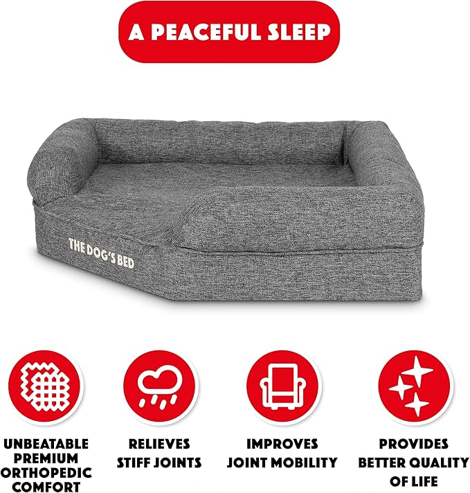 The Dog’s Bed Orthopedic Memory Foam Corner Dog Bed, Calming Surface – CertiPUR-Certified Foam, Largeinen Fabric, Grey Linen, Large