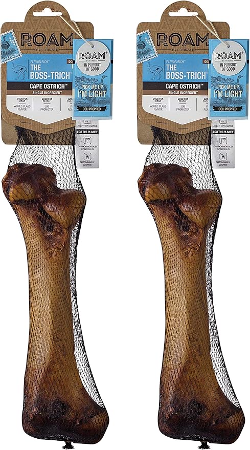 ROAM Pet Treats Ostrich Bones for Dogs Pack of 2 for Medium and Large Breeds – Boss-trich Long Lasting Ostrich Dog Bones, Dog Treats