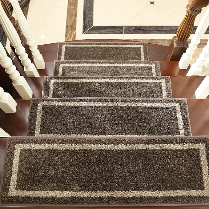 COSY HOMEER Soft Stair Treads Non-Slip Carpet Mat 28inX9in Indoor Stair Runners for Wooden Steps,Stair Rugs for Kids and Dogs, 100% Polyester TPE Backing 7pcs,Brown