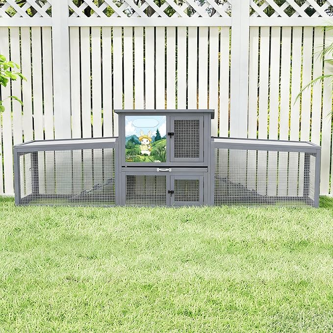 COZIWOW 95inches Extra Large Wood Rabbit Hutch Outdoor Easy to Assemble and Stable Bunny Cage Indoor with Cleaning Tray & Waterproof Roof for Small and Medium Bunny Rabbit Chick（Grey with Pattern）