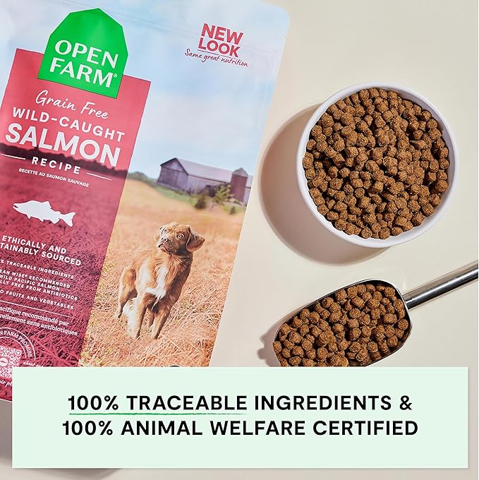 Open Farm, Grain-Free Dry Dog Food, Complete & Balanced Kibble, Sustainably & Ethically Sourced Ingredients, Non-GMO Veggies & Superfoods to Support Overall Health, Wild-Caught Salmon Recipe, 11lb Bag