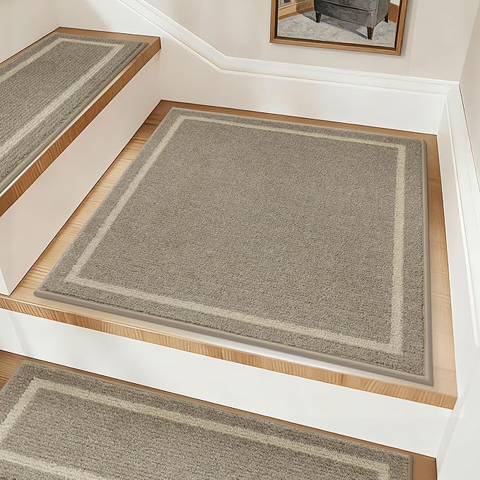 COSY HOMEER Stair Landing Rug 30x30 Inch, Non-Slip Square Landing Mat for Wood Steps Indoor, Washable Polyester with TPE Backing, Beige