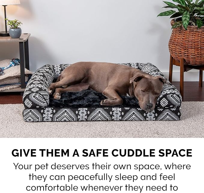 FurHaven Supportive Memory Foam Sofa Dog Bed with Washable & Removable Cover - Plush/Woven - Black Medallion, Dogs Up to 55 lbs - Large