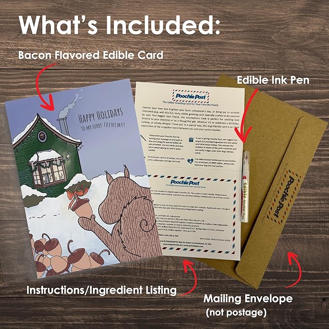 Poochie Post Holiday Edible Greeting Card for Dogs, Bacon-Flavored Christmas Dog Treat Gift with Edible Ink Pen, "Happy Holidays Frenemy" Design, Gluten & Grain Free