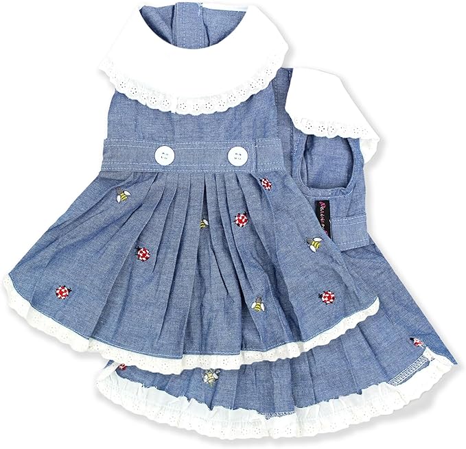 Parisian Pet Dog Overall Dress - Spring Summer Clothes for Small Dogs Girl - Floral Denim Pet Dress - Stylish Dog Outfit - Lightweight and Breathable Puppy Clothes - Sleeveless Dresses for Dogs