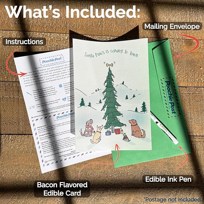 Poochie Post Holiday Edible Greeting Card for Dogs, Bacon-Flavored Christmas Dog Treat Gift with Edible Ink Pen, "Santa Paws Is Coming to Town" Design, Gluten & Grain Free, Made in USA