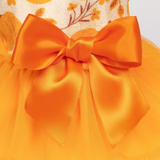 Fitwarm Pumpkin Flower Dog Dress, Thanksgiving Outfit for Small Dogs Girl, Fall Pet Outfit, Beige, Orange, XXS