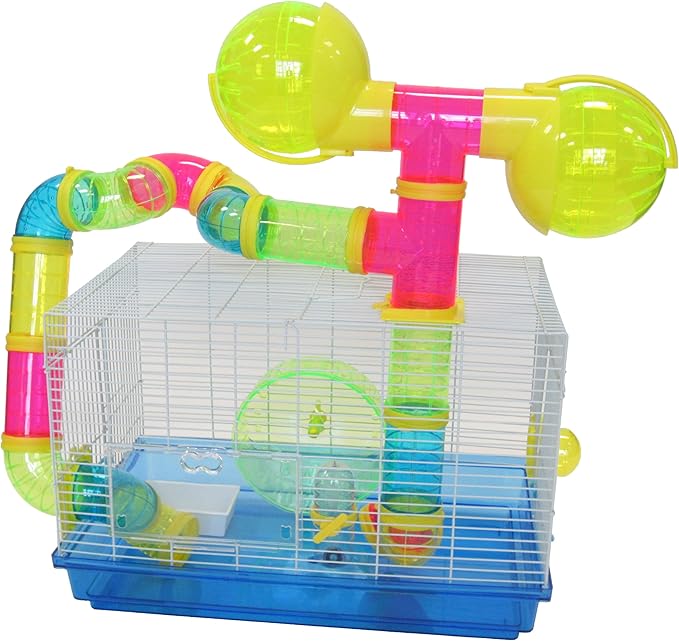 YML Dwarf Hamster Mice Cage with Color Tubes and Accessories, Blue
