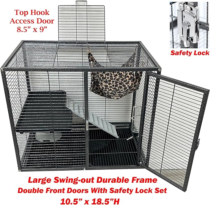Deluxe Large Double Unit Two Story 4-Level Durable Front Doors Chew-Free Feisty Ferret Hammock Squirrel Chinchilla Small Animal Critter Wrought Iron Cage Tight 1/2-inch Bar Spacing Rolling Stand