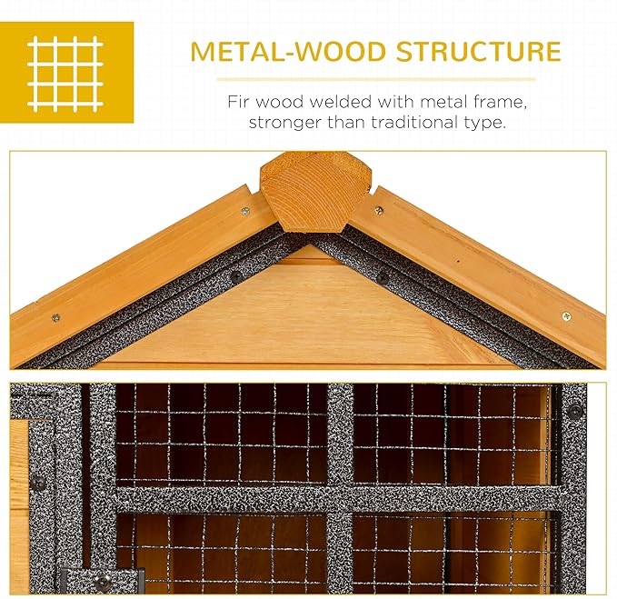 PawHut 2-Level Rabbit Hutch Bunny House with Weatherproof Hinged Asphalt Roof, Removable Tray and Ramp for Outdoor