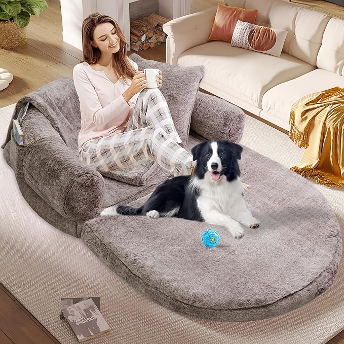 2 in 1 Foldable Human & Dog Bed, 72"x48"x11" Extra Large Orthopedic Memory Foam Bed for Adults & Pets, Ultimate Comfort Washable Fur & Blanket, Brown