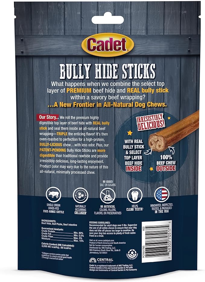 Cadet Bully Hide Sticks for Small Dogs, All-Natural Beef Pizzle, Limited-Ingredient Long-Lasting Dog Chews for Aggressive Chewers, 5 Count