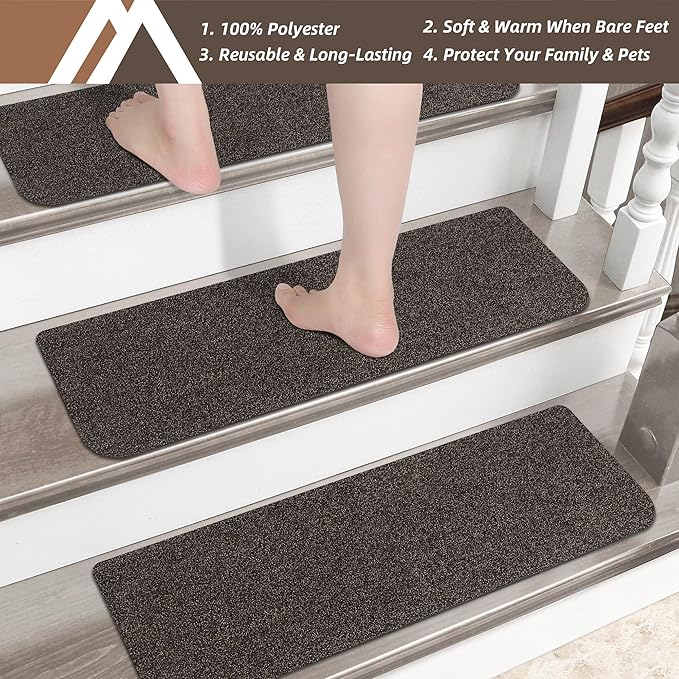 COSY HOMEER Stair Treads Non-Slip Carpet Mat 28inX9in Indoor Stair Runners for Wooden Steps, Stair Rugs for Kids and Dogs, 100% Polyester TPE Backing 10pcs,Brown,Protect Floor