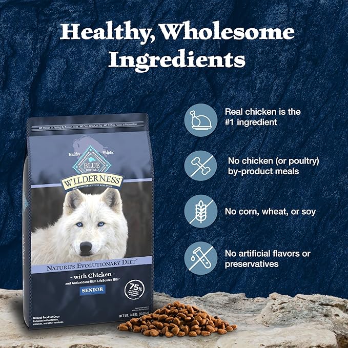 Blue Buffalo Wilderness High-Protein Senior Dry Dog Food, Made in The USA with Natural Ingredients Plus Wholesome Grains, Chicken, 4.5-lb. Bag