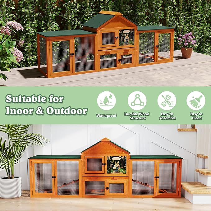 COZIWOW 83” Extra Large Wooden Rabbit Hutch Outdoor Easy to Assemble and Durable Rabbit Cage Bunny Hutch Indoor with Cleaning Tray & Waterproof Roof for Small and Medium Bunny Rabbit Chick (Orange)