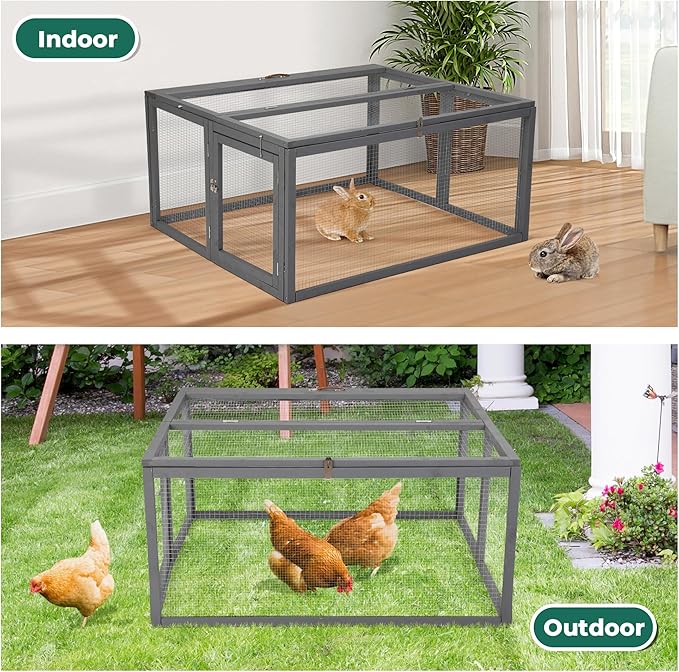COZIWOW Chicken Coop Run Rabbit Hutch, Portable Chicken Cage Pens with Top & Side Opening Doors, Folding Wooden Chicken Coop, Outdoor Indoor Small Animal Playpen, Chicken Brooder Box, 43.3Inch (Grey)