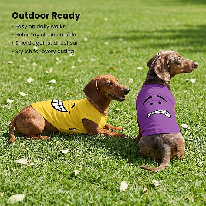 Fitwarm 2 Pack Happy Scary Expression Dog Shirt, Funny Clothes for Small Dogs Boy Girl, Pet Outfit, Yellow, Purple, XL