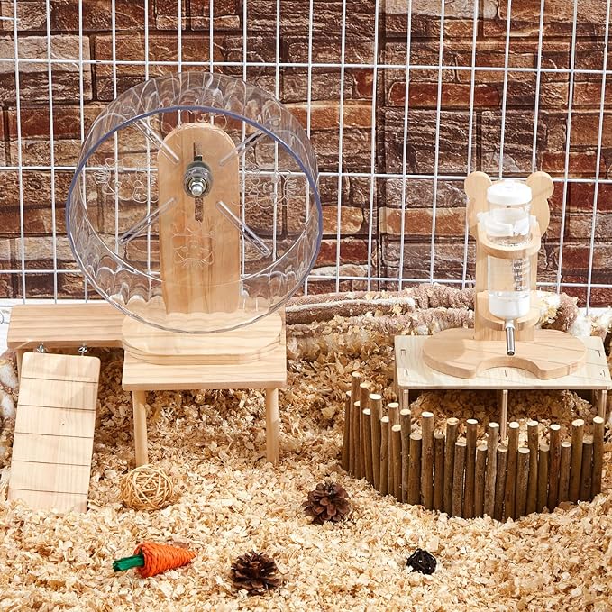 6 Pcs Hamster Toys Set, Maze Wood House, Climbing Ladder Wooden Bridge Tunnel Toy Platform Silent Exercise Running Wheels and Water Bottle Set for Rat Guinea Pig Habitat Cage(Basic)