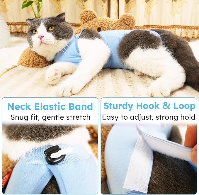 Hpetppy Cat Recovery Suit, Kitten Surgical Bodysuit for Abdominal Wound Anti Licking After Surgery, Pet Surgical Recovery Snugly Suit Cat Spay Recovery Suit Female for Small Male Female Cats Blue L