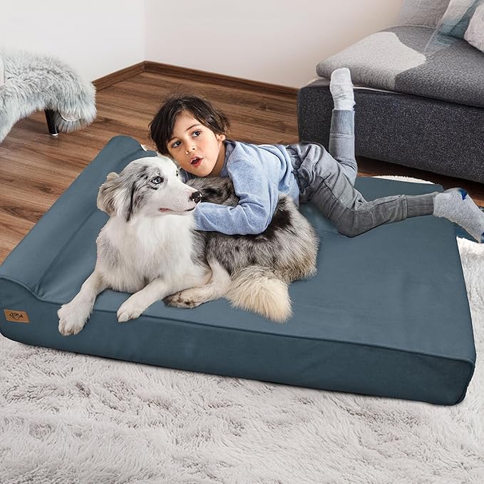 Sytopia XXL 35D Memory Foam Dog Bed for Extra Large Dogs – 7" Thick Orthopedic Pet Couch for Seniors and Big Breeds up to 150 Pounds, with Water-Resistant Liner & Washable Cover – Blue Grey