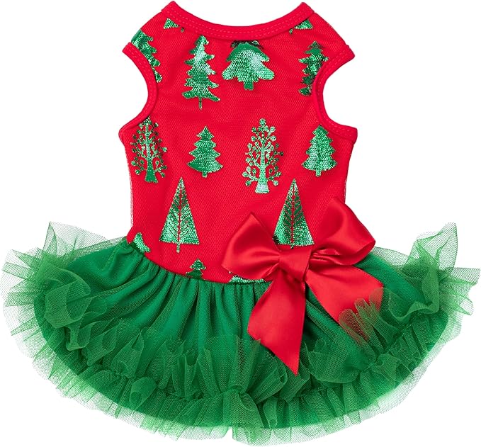 Fitwarm Christmas Tree Dog Tulle Dress, Christmas Clothes for Small Dogs Girl, Holiday Pet Outfit, Red, Green, XS