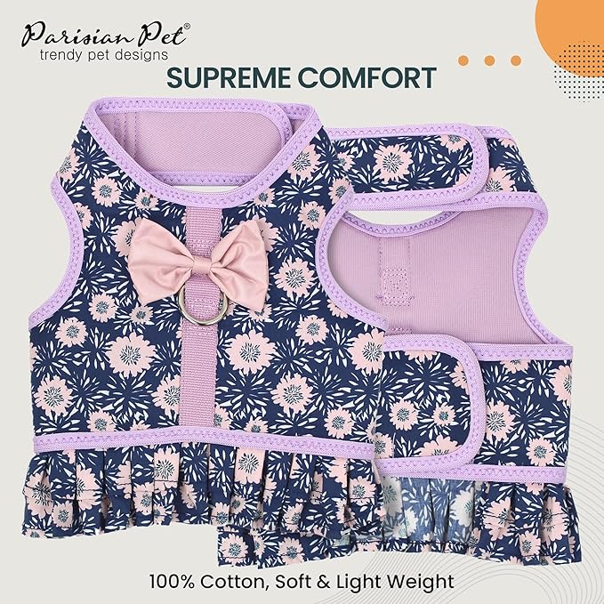 Parisian Pet Floral Dog Harness Dress - Breathable No Pull Puppy Dress with Leash Ring - 100% Mesh Fabric Harnesses for Dogs - Soft Padded Step in Pet Vest - All Weather Dog Harness Medium Sized Dogs