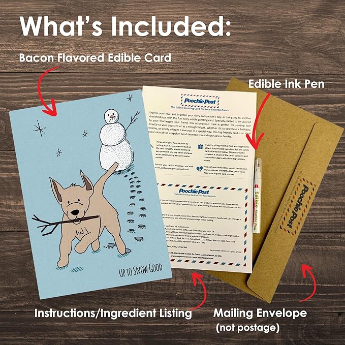 Poochie Post Edible Greeting Card for Dogs, Bacon-Flavored Dog Treat Gift with Edible Ink Pen, "Up To Snow Good" Design, Gluten & Grain Free, Made in USA