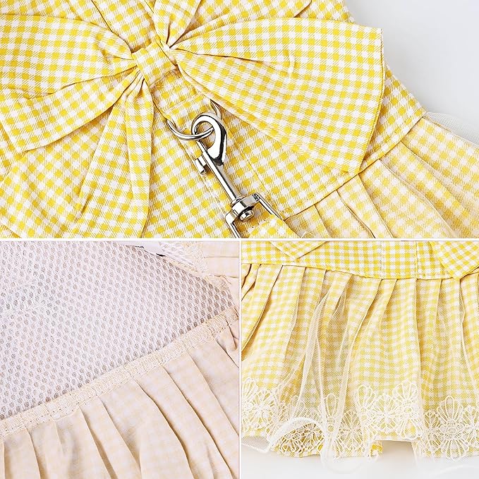 Dog Dress Plaid with Bowknot Cute Dress for Small Dog Cat Puppy Outfits with Harness Leash（ Yellow，Large ）