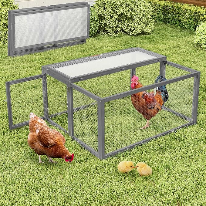 Portable Chicken Coop with UV-Proof Panel, 4X Garden Stakes, Wooden Rabbit Hutch, Chicken Brooder Box Indoor, Outdoor Folding Chicken Cage, Top & Side Openable Doors, 43.3Inch (Gray)