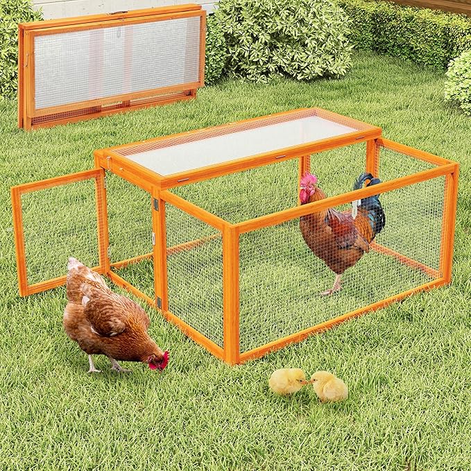 Nyeekoy Portable Chicken Coop with UV-Proof Panel, 4X Garden Stakes, Wooden Rabbit Hutch, Chicken Brooder Box Indoor, Outdoor Folding Chicken Cage, Top & Side Openable Doors, 43.3Inch (Orange)