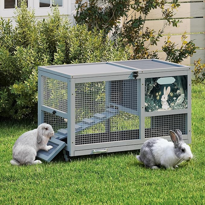 COZIWOW 36.5-Inch Double-Decker Wooden Rabbit Hutch with Wheels, Featuring A Cleaning Tray and Ladder—Stylish and Easy to Assemble（Grey and Pattern）