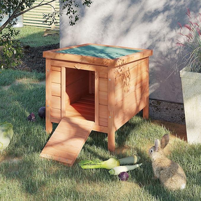 PawHut Small Wooden Rabbit Hutch Bunny Cage Guinea Pig Cage Duck House Dog House with Openable & Waterproof Roof, Natural