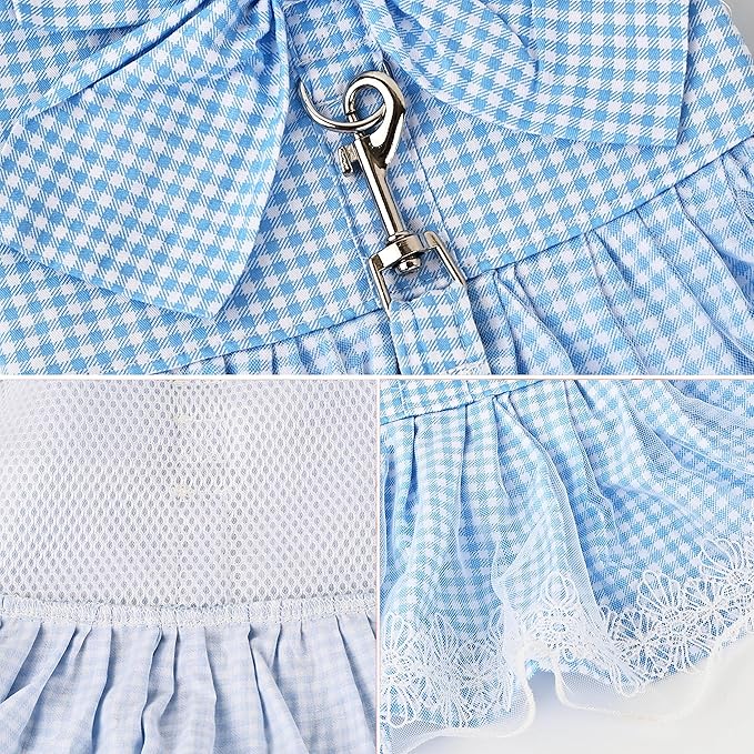 Dog Dress Plaid with Bowknot Cute Dress for Small Dog Cat Puppy Outfits with Harness Leash（ Blue，Medium ）