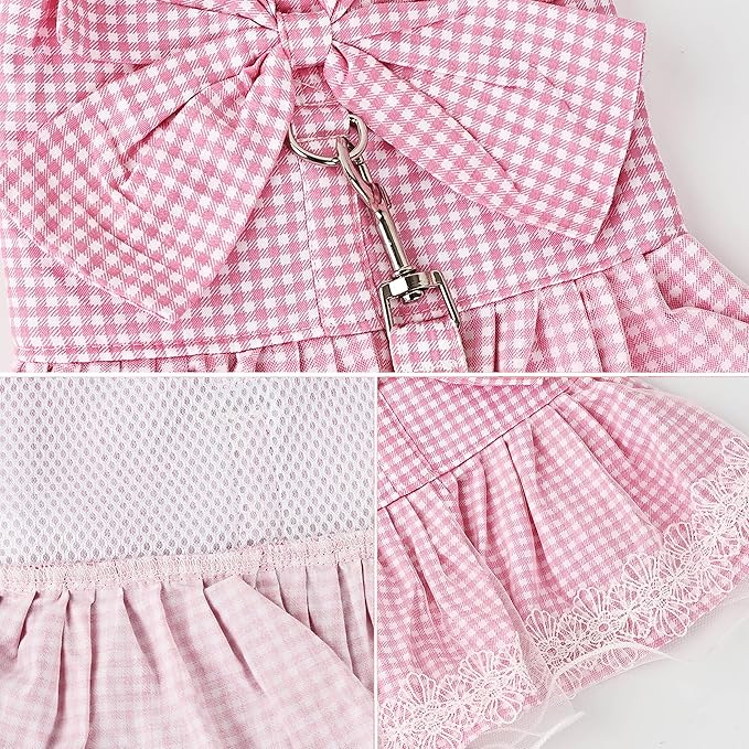 Dog Dress Plaid with Bowknot Cute Dress for Small Dog Cat Puppy Outfits with Harness Leash（ Pink，X-Small ）