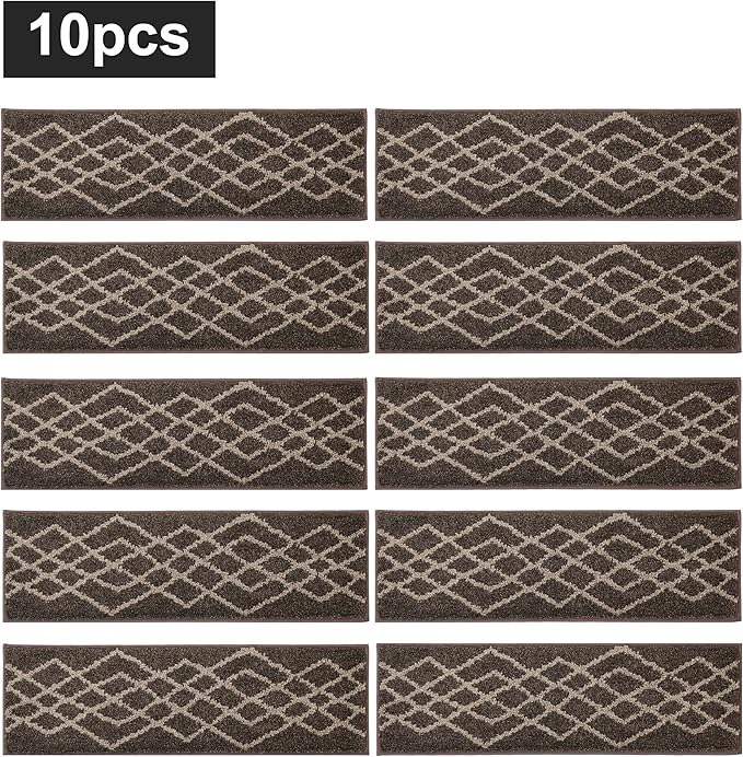 COSY HOMEER Soft Stair Treads Non-Slip Carpet Mat 28inX9in Indoor Stair Runners for Wooden Steps,Stair Rugs for Kids and Dogs, 100% Polyester TPE Backing 10pcs,Brown,Rhombus