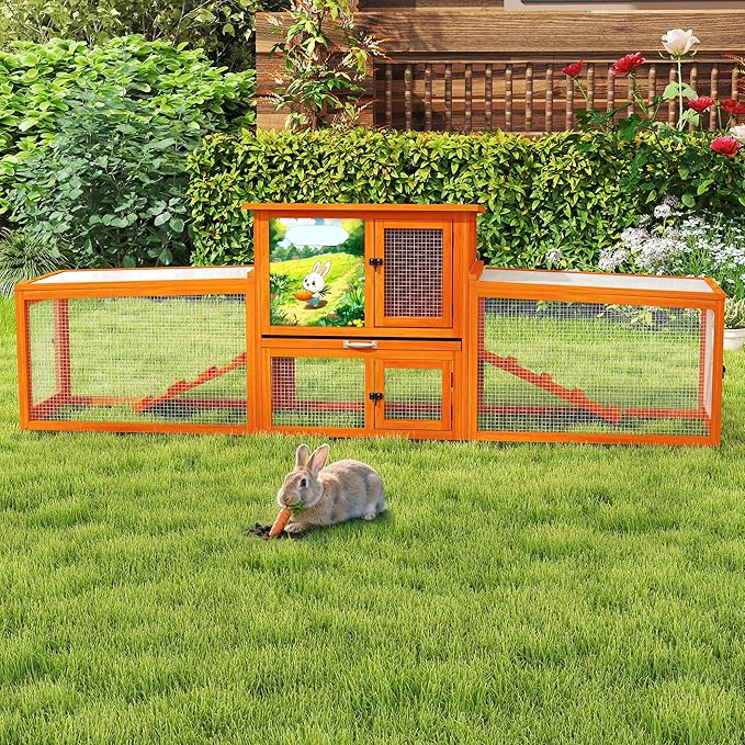 COZIWOW 82” Extra Large Fashion Wooden Outdoor Rabbit Hutch Bunny Cage Indoor Easy to Assemble and Durable with Cleaning Tray & Waterproof Roof for Small & Medium Bunny Rabbit Duck Chick (Orange)