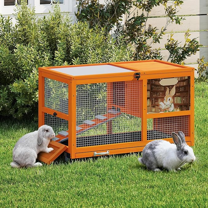 COZIWOW 36.5-Inch Double-Decker Wooden Rabbit Hutch with Wheels, Featuring A Cleaning Tray and Ladder—Stylish and Easy to Assemble（Orange and Pattern）