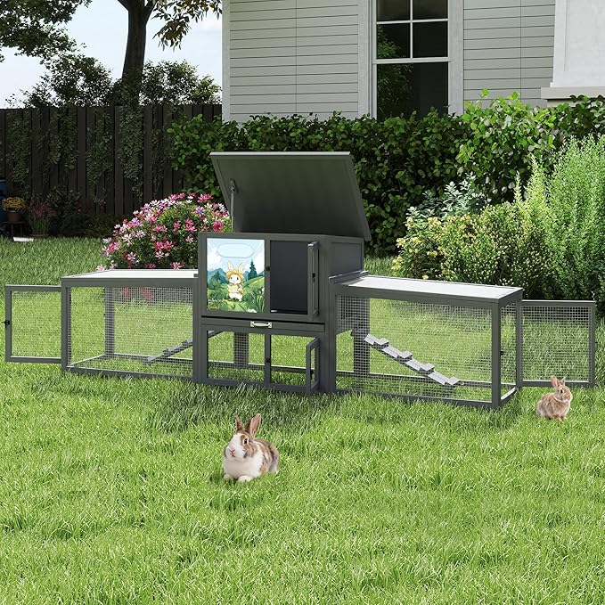 COZIWOW 95inches Extra Large Wood Rabbit Hutch Outdoor Easy to Assemble and Stable Bunny Cage Indoor with Cleaning Tray & Waterproof Roof for Small and Medium Bunny Rabbit Chick（Grey with Pattern）
