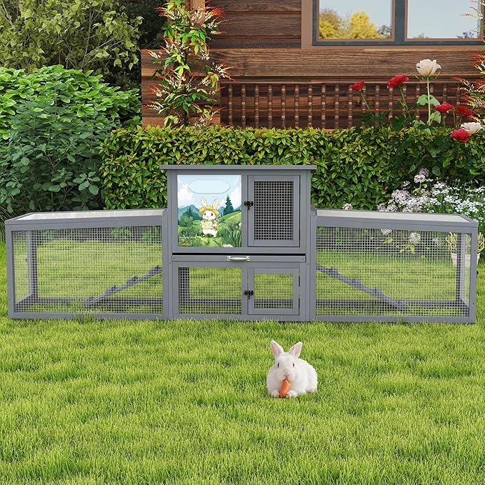 COZIWOW Large Rabbit Hutch Bunny Cage Outdoor Indoor Wooden Small Animal House with Sloped Roofs, Pet Run, No-Leak Tray, 4 Doors, Non-Slip Ramps,(Grey with Air Purifier)