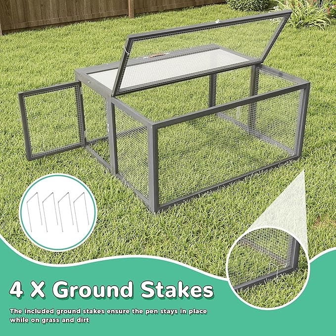 Portable Chicken Coop with UV-Proof Panel, 4X Garden Stakes, Wooden Rabbit Hutch, Chicken Brooder Box Indoor, Outdoor Folding Chicken Cage, Top & Side Openable Doors, 43.3Inch (Gray)